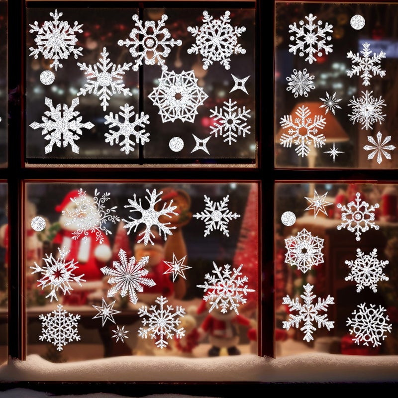 MAGLOGY Glitter Snowflake Window Clings 93Pcs, Christmas Silver Snowflake Window Clings, Xmas Glass Glitter Stickers Decals, Snowflakes, Winter Holiday Windows Decor for Festive Spirit Home Party - Image 5